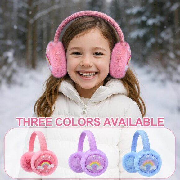 ⚡Kids Pink Knitted Rainbow Winter Outdoor Plush Adjustable Warm Ear Muffs - Picture 2 of 7
